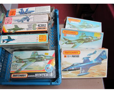 Eight 1:72nd Scale Plastic Model Military Aircraft Kits by Matchbox, including JU.87 Stuka, F9F-4 Panther, some loose parts n