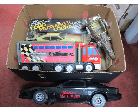 Four Plastic Toy Model Vehicles, to include La Trax 1:12th scale radio controlled Ford Mustang II Cobra, a Super Night Raider