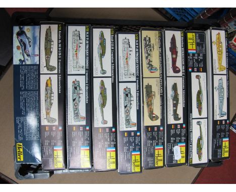 Nine 1:72nd Scale Plastic Model aircraft Kits by Heller, including Caudron C.635 Simoun, SAAB J21A, some loose and extra part