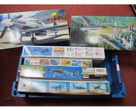 Six 1:72nd Scale Plastic Model Military Aircraft Kits, by Hasegawa, Fujimi, Academy, including Spitfire F.MK.14E, Messerschmi