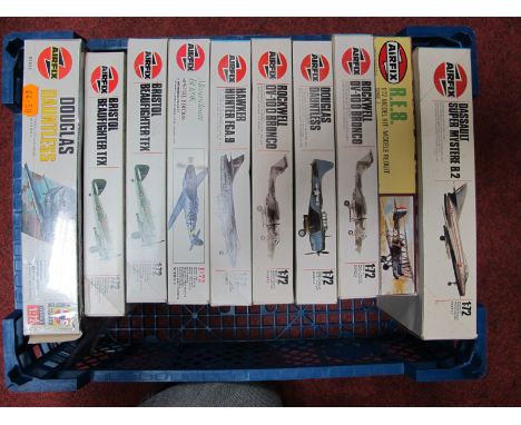 Ten 1:72nd Scale Plastic Model Military Aircraft Kits, by Airfix including Hawker Hunter FGA.9 OV-10D Bronco, kits appear uns