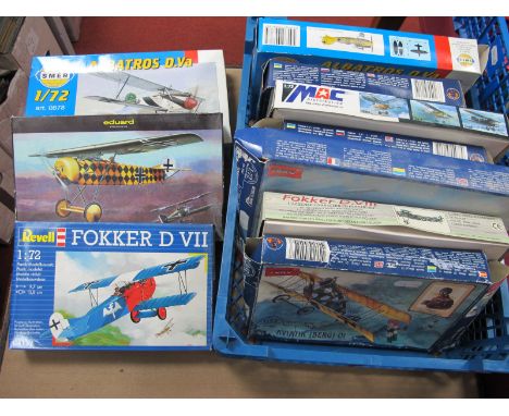 Eleven 1:72nd Scale Plastic Model Military Aircraft Kits, all with a WWI theme, by Smer, Revell, Toko, including Fokker E.V. 