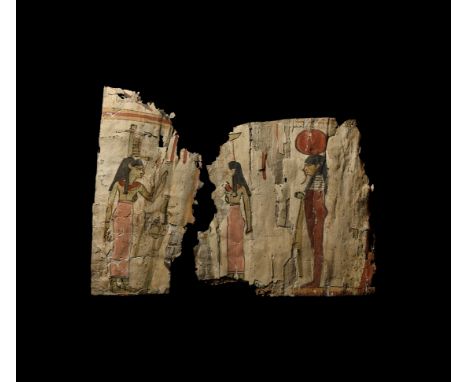 Late Period, 664-332 BC. A group of two sub-rectangular cartonnage fragments of different sizes, one fragment depicting a sin