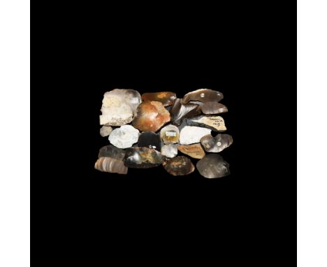 Mainly Mesolithic, 12,000-5,000 BC. A mixed group of knapped flint scrapers, burins and other tools, some with pencilled anno