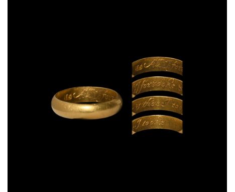 Early 18th century AD. A substantial gold finger ring with inscription to the inner face in italic script 'All I forsooke &am