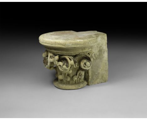 18th-early 19th century AD. A carved limestone corbel with D-section moulded capital, scrolled acanthus-leaf decoration.   8 