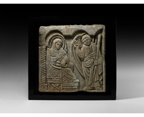 11th century AD or later. A rectangular carved sandstone architectural panel with frieze depicting the Virgin Mary seated on 