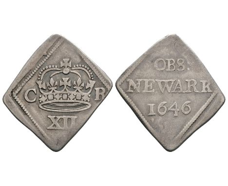 Dated 1646 AD. Lozenge flan. Obv: crown with C - R at sides and XII below. Rev: OBS / NEWARK in two lines with date below. S.