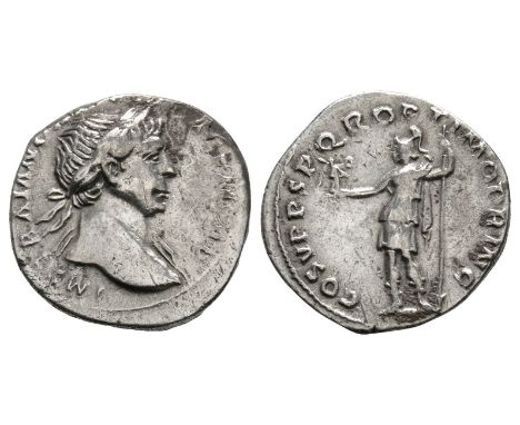 107 AD. Rome mint. Obv: IMP TRAIANO AVG GER DAC P M TR P legend with laureate bust right. Rev: COS V P P S P Q R OPTIMO PRINC