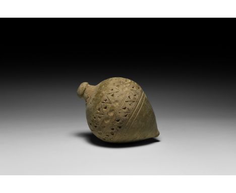 9th-11th century AD. A hollow ceramic vessel with conical body, intended to be filled with explosive liquid and a wick, and u