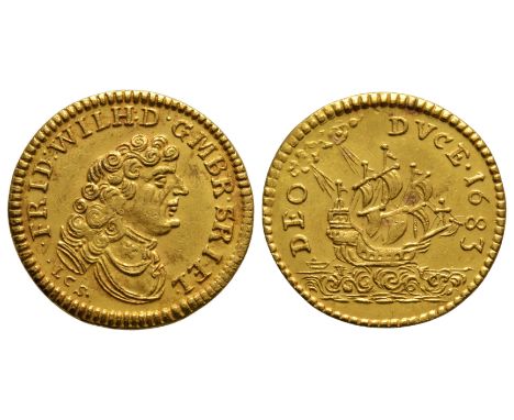 Dated 1683 AD. Berlin mint. Obv: profile bust with L C S below and FRID WILH D G M BR S R I EL legend. Rev: sailing ship with