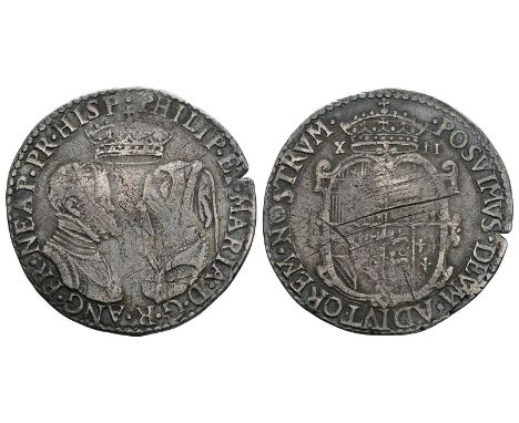 1554-1558 AD. Full titles issue. Obv: crown over facing profile bust with PHILIP ET MARIA D G R ANG FR NEAP HISP legend and n