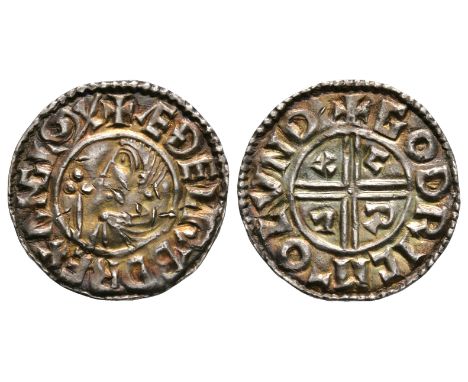 991-997 AD. Obv: profile bust with sceptre and +ÆÐELRÆD REX ANGL? X legend. Rev: short voided cross with C R V X in angles an