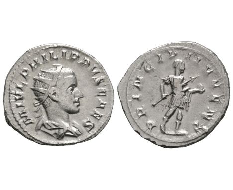 245-246 AD. Rome mint. Obv: M IVL PHILIPPVS CAES legend with radiate and draped bust right. Rev: PRINCIPI IVVENT legend with 