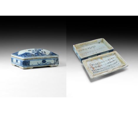 Late Qing Dynasty, 19th century AD. A ceramic lidded box in Ming style, floral decoration to the lid, inscription beneath; th