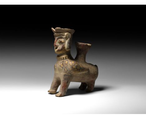 20th century AD or earlier. A figural ceramic vessel with winged female figure with features and details in pigments with rai