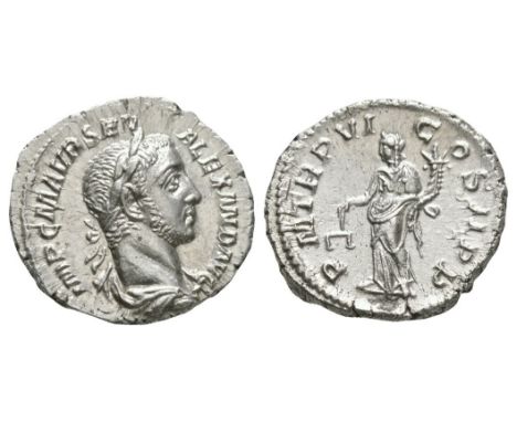 227 AD. Rome mint. Obv: IMP C M AVR SEV ALEXAND AVG legend with laureate and draped bust right. Rev: P M TR P VI COS II P P l