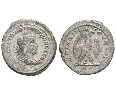 250-251 AD. Antioch mint. Obv: AYTOK K G OYIB TREB GALLOC CEB legend with laureate, draped and cuirassed bust right, VI benea