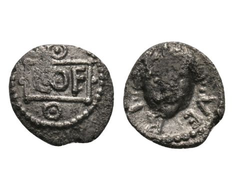 10-40 AD. Obv: COF in box with pellet at sides, pellet-in-annulet above and below. Rev: facing head of Medusa with VERI aroun