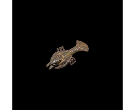 1st-2nd century AD. A silver-gilt plate brooch in the form of a crayfish with fan-shaped tail, raised pellet eyes, open mouth