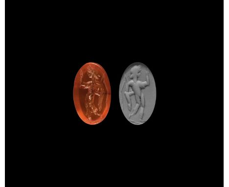 2nd-4th century AD. An oval orange carnelian intaglio gemstone engraved with standing figure of Mercury (Greek Hermes").   0.