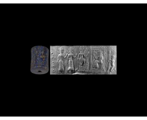 2340-2200 BC. A lapis lazuli cylinder seal with a presentation scene with water god Enki in his Abzu house, accompanied by a 