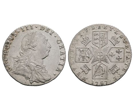 Dated 1787 AD. Early coinages. Obv: profile bust with GEORGIVS III DEI GRATIA legend. Rev: cruciform arms and crowns with M B