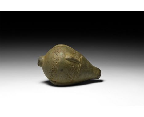 9th-11th century AD. A hollow ceramic vessel with conical body, intended to be filled with explosive liquid and a wick, and u