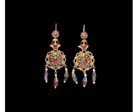 20th century AD. A matched pair of gold earrings, each a hook with applied disc and inset amethysts, hinged floral plaque wit