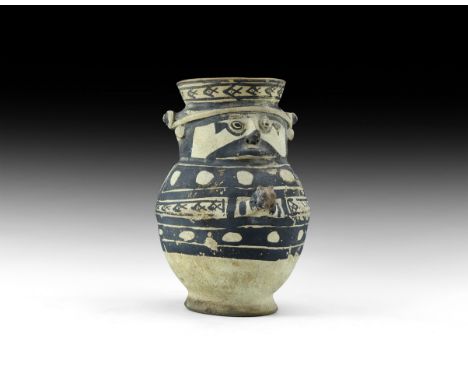 10th-14th century AD. A ceramic vessel representing a male figure, hands held together at chest; everted rim; decorated with 
