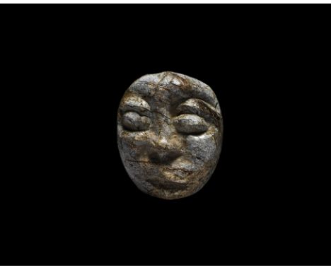 Pliocene Period, 5.2-2.5 million years BP. A section of mastodon fossil tusk, with later carving depicting a face with exagge