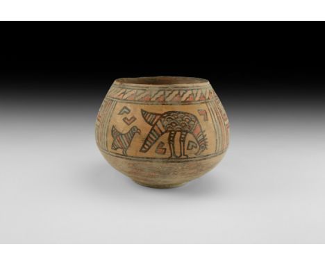 4th-3rd millennium BC. A bulbous squat ceramic bowl with painted geometric band below the rim, frieze with fishes, birds and 