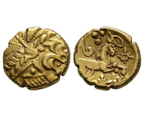 55-45 BC. Obv: wreath motif with inward facing leaves and ornaments in angles. Rev: horse right with beaded mane, wing motif 