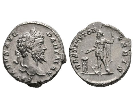 201 AD. Rome mint. Obv: SEVERVS AVG PART MAX legend with laureate bust right. Rev: RESTITVTOR VRBIS legend with emperor stand