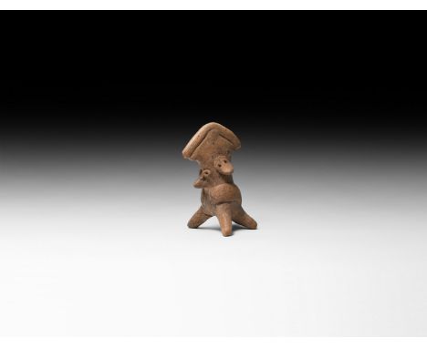 100 BC-200 AD. A ceramic figure of a bird(?) with arched comb, applied eyes above the beak and broad collar, splayed legs and