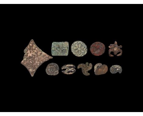 Late 3rd millennium BC-2nd century AD. A mixed group of ten stamp seals with various shapes and designs, including six accomp