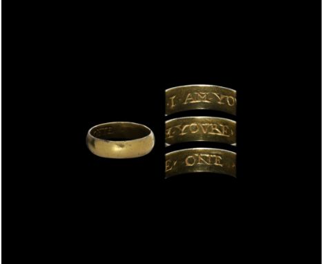 Circa 1600 AD. A substantial late Tudor or Stuart posy ring made from gold or heavy gold clad; inscription to the inner face 