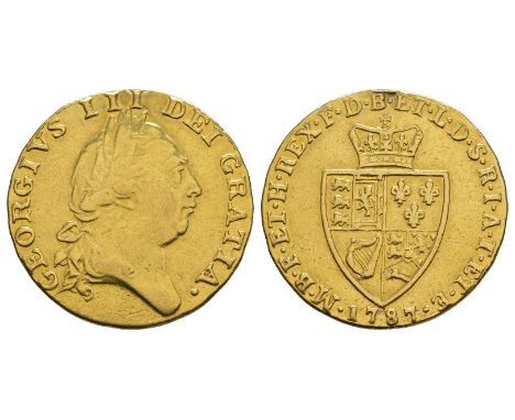 Dated 1787 AD. Early coinages, fifth bust. Obv: profile bust with GEORGIVS III DEI GRATIA legend. Rev: crowned 'spade' arms w