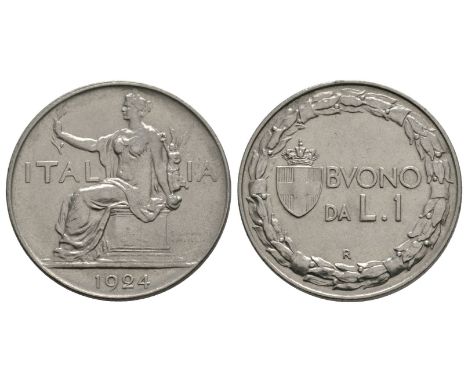 Dated 1924 AD. Rome mint. Obv: female seated left dividing ITAL - IA legend; date with closed 2 in exergue. Rev: crowned Savo