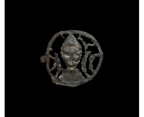 1300-1350 AD. A large lead-alloy near complete pilgrim badge from the head reliquary for St Thomas Becket, Archbishop of Cant