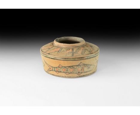3rd-2nd millennium BC. A drum-shaped ceramic vessel with broad shoulder and raised rim; painted stepped panels to the shoulde