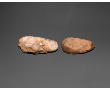 Palaeolithic, 10th-8th millennium BC. Group comprising: slender bifacial knapped flint handaxe (tips unfinished), with some c