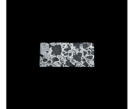 Found June 1967 AD. A highly polished rectangular slice of the Seymchan meteorite with a number of transparent olivine inclus