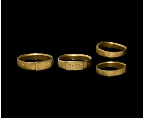 4th century AD. A gold finger ring with raised rectangular plaque, inscribed in seriffed capitals 'CONSTANTINO FIDEM' (faithf