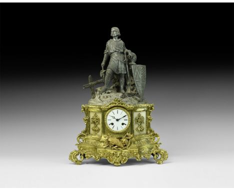 Late 19th century AD. A large gilt-brass mantle clock with romantic figure of a warrior standing resting his left arm on his 