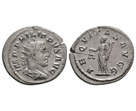 245-247 AD. Rome mint. Obv: IMP PHILIPPVS AVG legend with radiate and draped bust right. Rev: AEQVITAS AVGG legend with Aequi