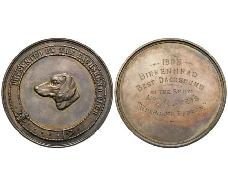 Awarded 1905 AD. Obv: profile of dachshund head and collar surround with PRESENTED BY THE DACHSHUND CLUB thereon. Rev: with e