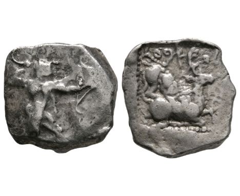 449-425 BC. Obv: Herakles in fighting stance wearing lion-skin holding club overhead in right hand and bow before in left. Re