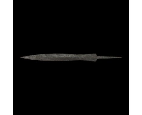 Late 1st century BC-1st century AD. A double-edged iron gladius blade of Mainz typology, leaf-shaped waisted blade with slant