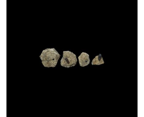 Triassic Period, 200 million years BP. A group of four fossil fish teeth in oolitic limestone matrix.   57 grams total, 22-38